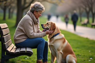 Femme assise dans un parc avec son chien golden retriever