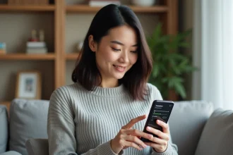 Femme tenant un smartphone Android avec une application de radio en streaming ouverte, réglage des paramètres du direct Cheri FM