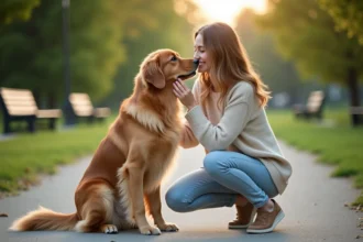 Jeune femme et golden retriever dans un parc ensoleille