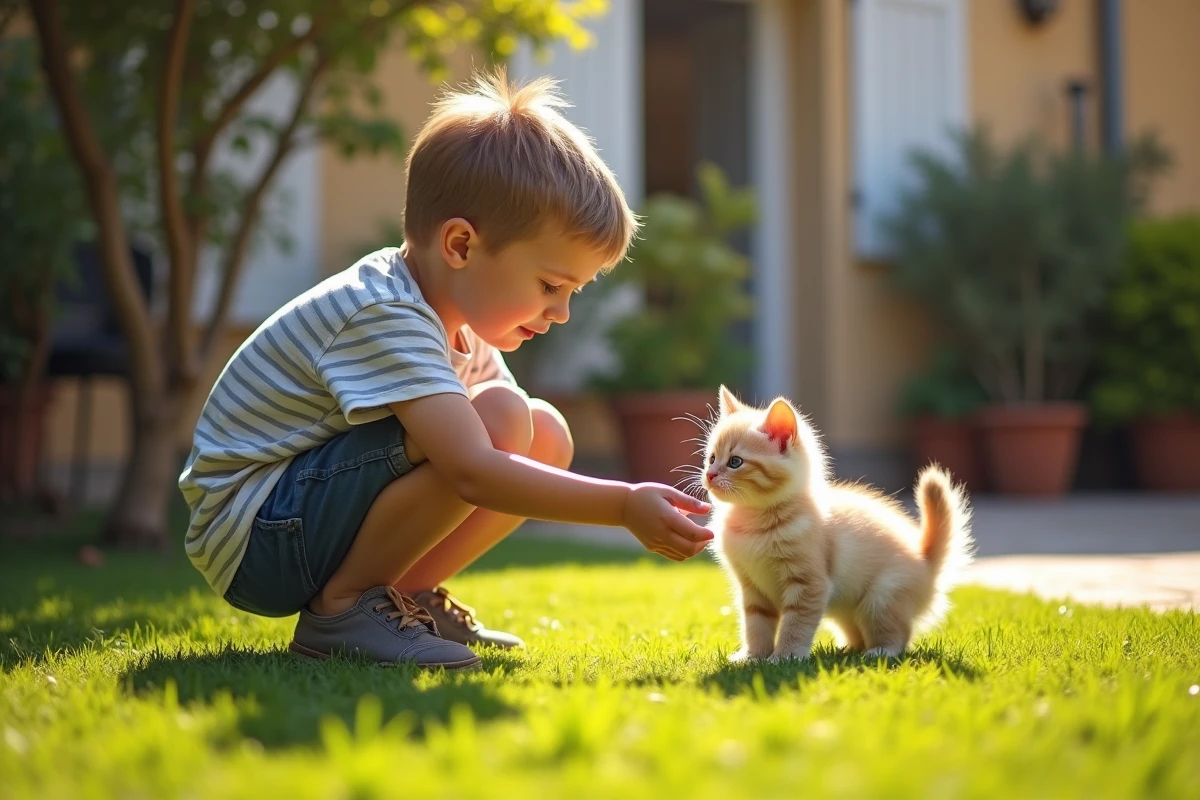Garçon caressant un chaton dans un jardin ensoleille