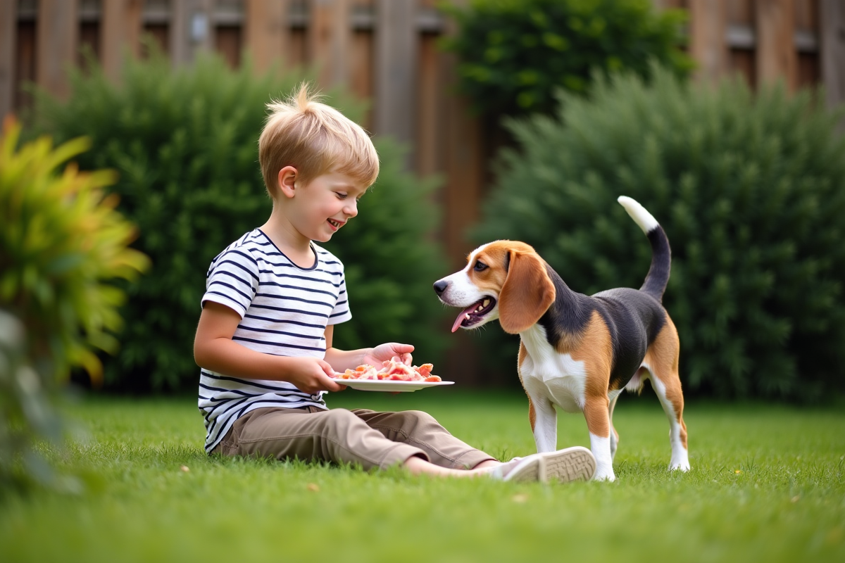 Garçon jouant avec son chien dans le jardin ensoleille