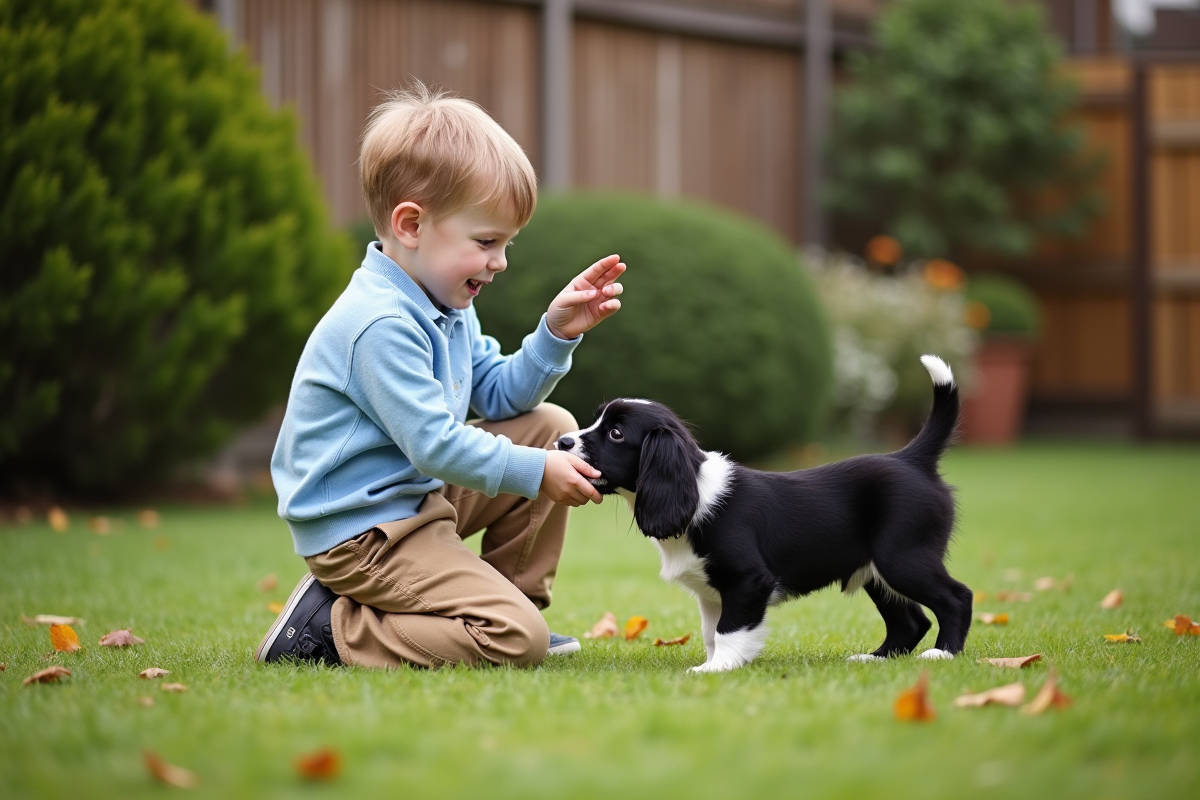 Jeune garçon avec un chiot spaniel dans le jardin