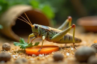 Grilion en terrarium mangeant une rondelle de carotte et une feuille verte sur substrat de fibre de coco