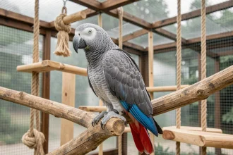 Gris du Gabon bleu perché dans une volière spacieuse et bien entretenue, montrant son plumage gris et sa queue aux reflets bleus caractéristiques