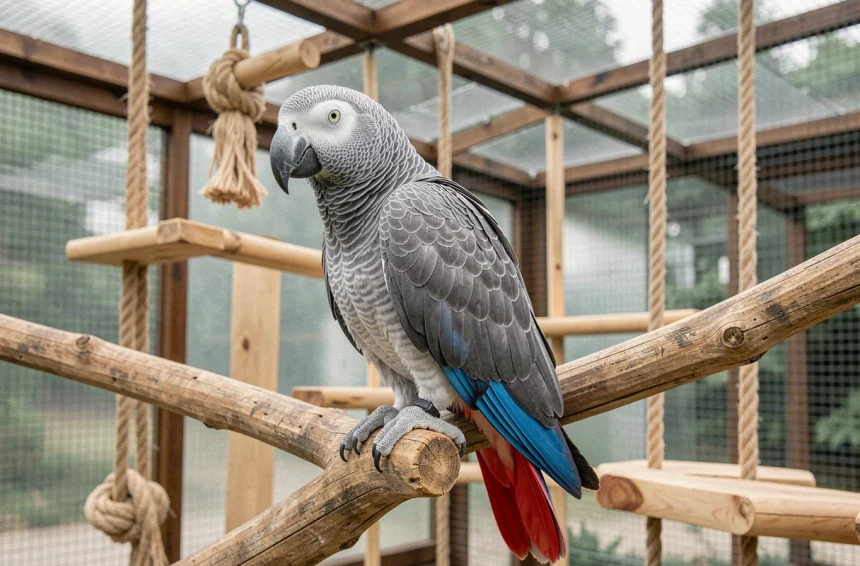 Gris du Gabon bleu perché dans une volière spacieuse et bien entretenue, montrant son plumage gris et sa queue aux reflets bleus caractéristiques