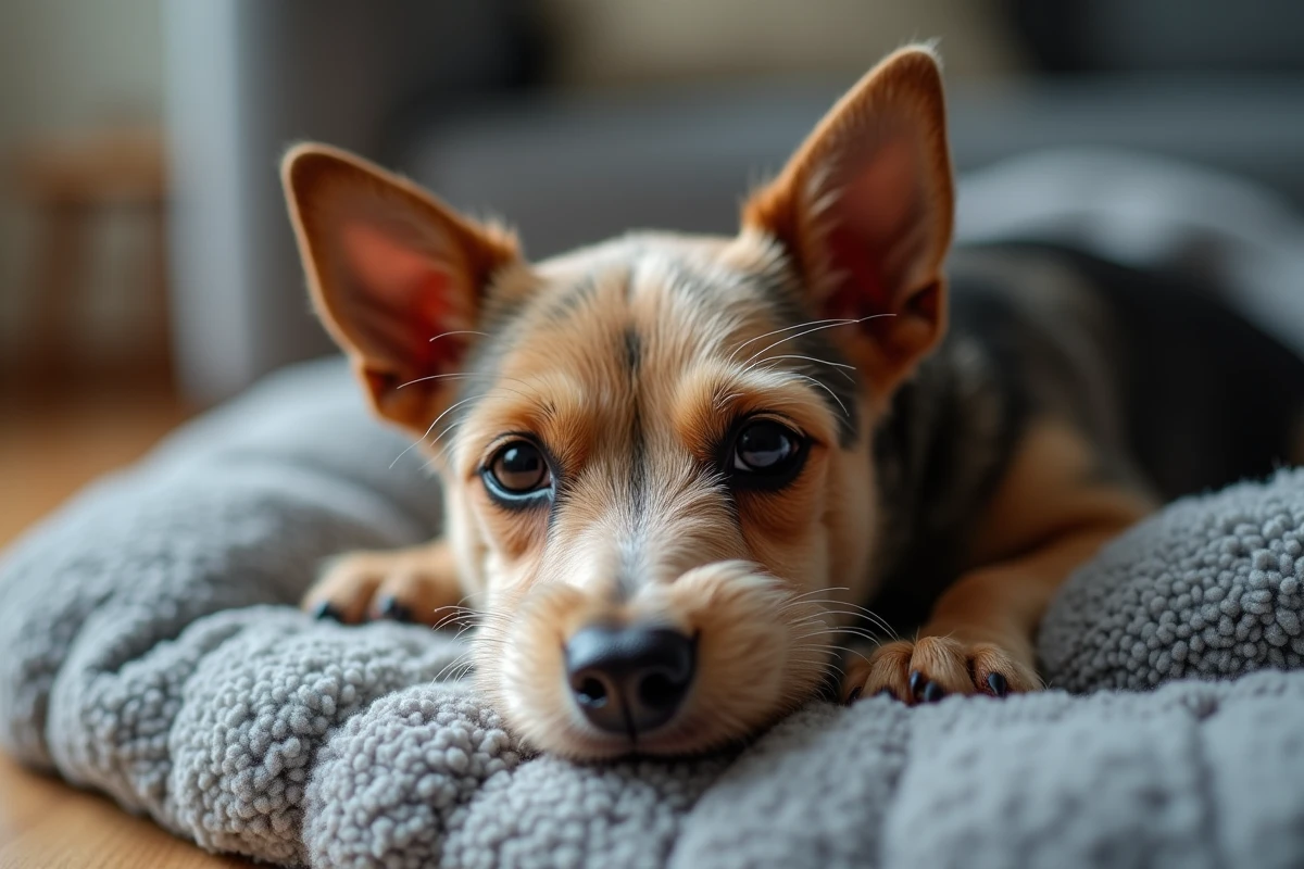 Gros plan du visage d'un petit chien terrier à l'air fatigué et malade allongé sur une couverture grise, signes de vomissement jaune visibles