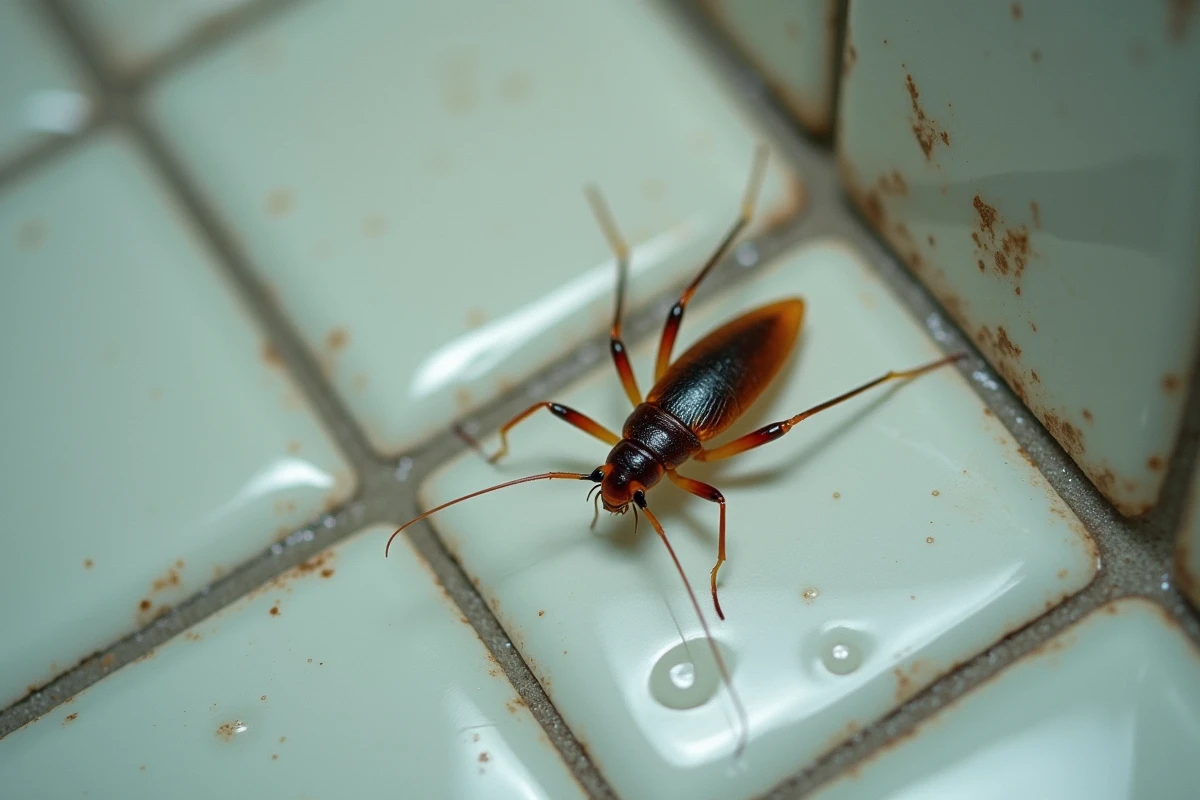 Gros plan réaliste d'un insecte domestique sur un carrelage de salle de bain d'appartement près du siphon