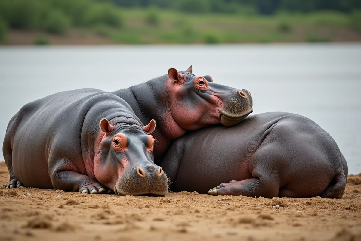 Groupe d'hippopotames sur une berge de rivière, illustrant leur poids collectif et leurs comportements grégaires