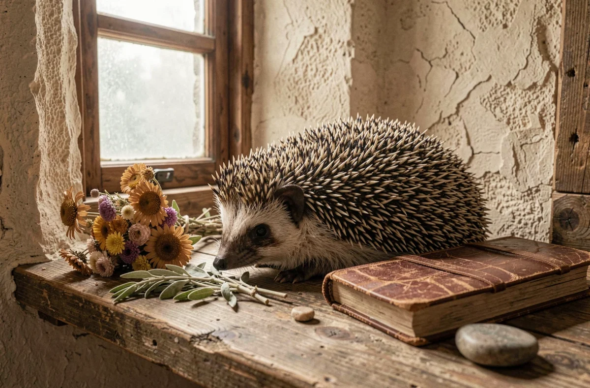 Hérisson posé sur un rebord de fenêtre rustique avec un journal et des fleurs séchées, symbolisant un présage et la traversée d'une épreuve