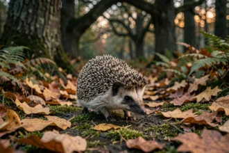 Hérisson sauvage traversant un chemin forestier en automne, symbole de présage et de résilience dans la nature