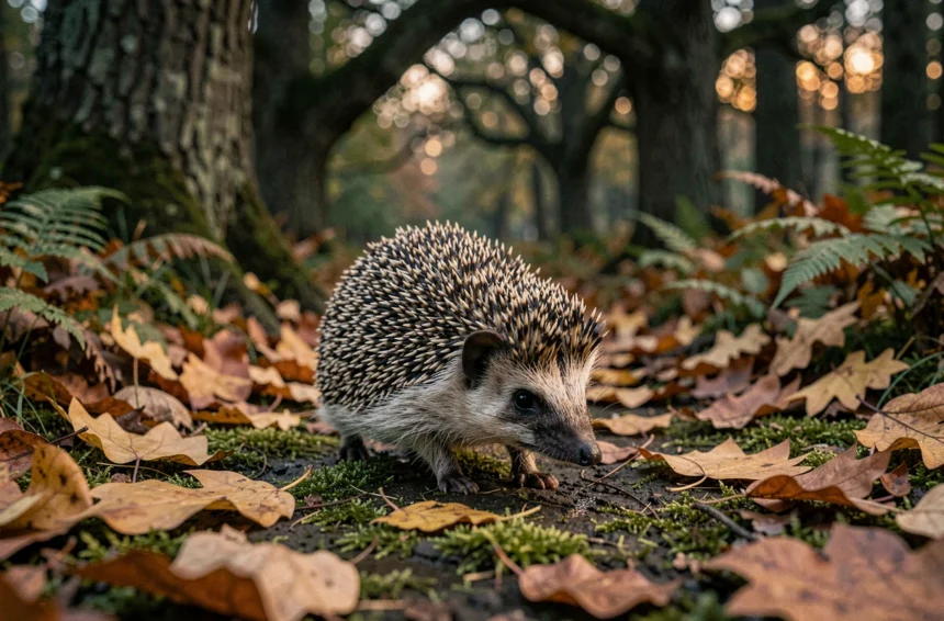 Hérisson sauvage traversant un chemin forestier en automne, symbole de présage et de résilience dans la nature