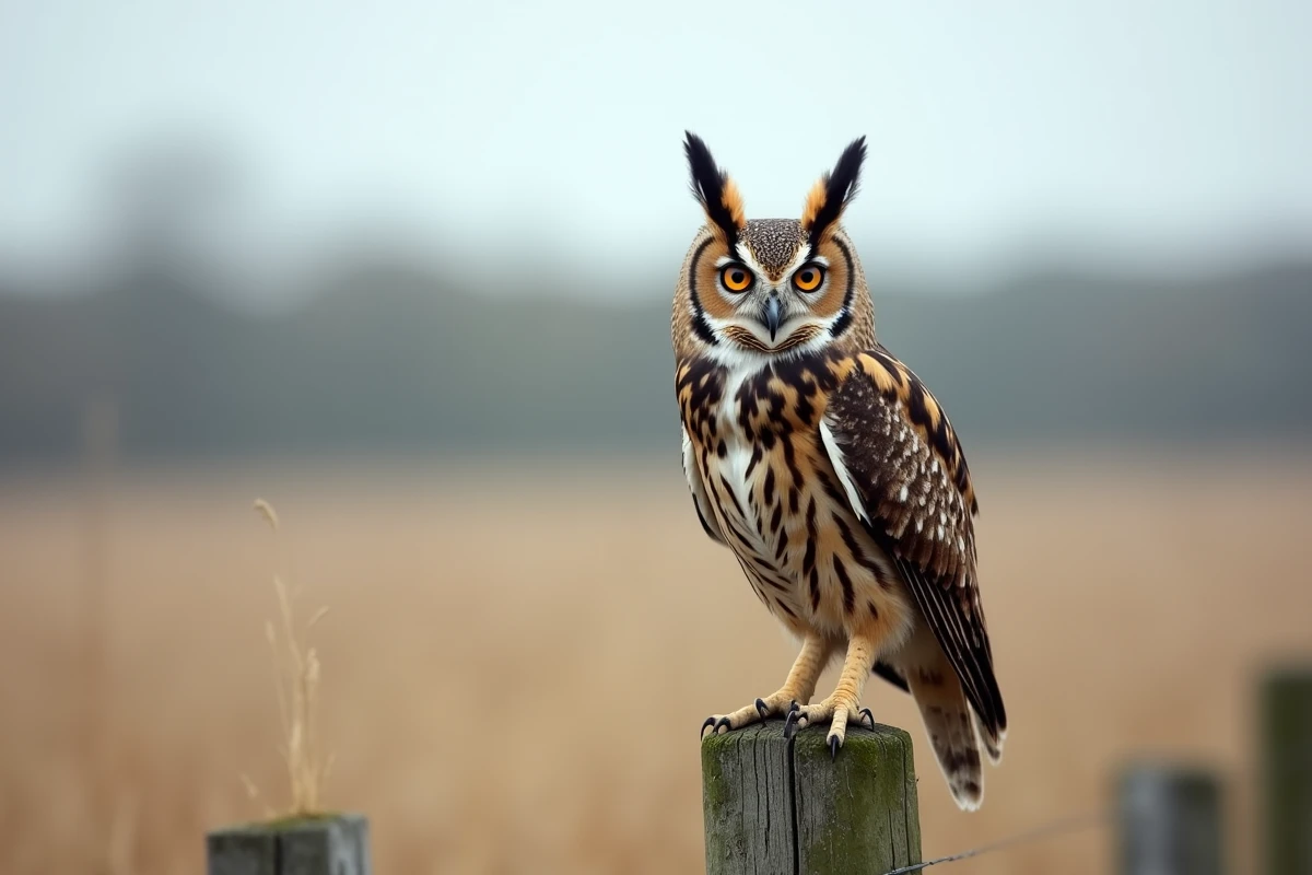 Hibou moyen-duc posé sur un piquet de clôture en prairie, aigrettes dressées bien visibles et yeux orange caractéristiques du hibou
