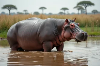 Hippopotame adulte immergé dans une rivière africaine, illustrant son poids massif et sa morphologie imposante