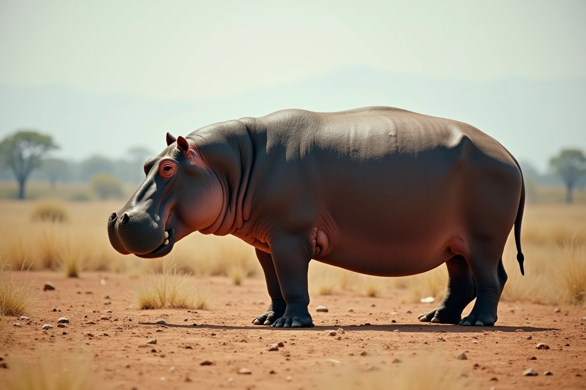 Hippopotame de profil sur sol sec en savane, montrant sa masse corporelle exceptionnelle et son anatomie robuste