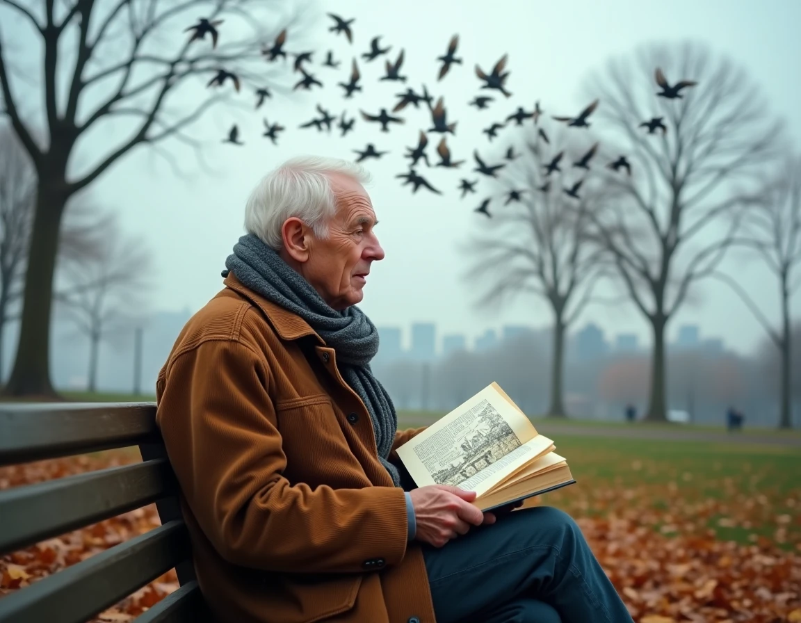 Homme âgé lisant un livre sur la symbolique des oiseaux dans un parc urbain en automne avec une nuée d'étourneaux en arrière-plan