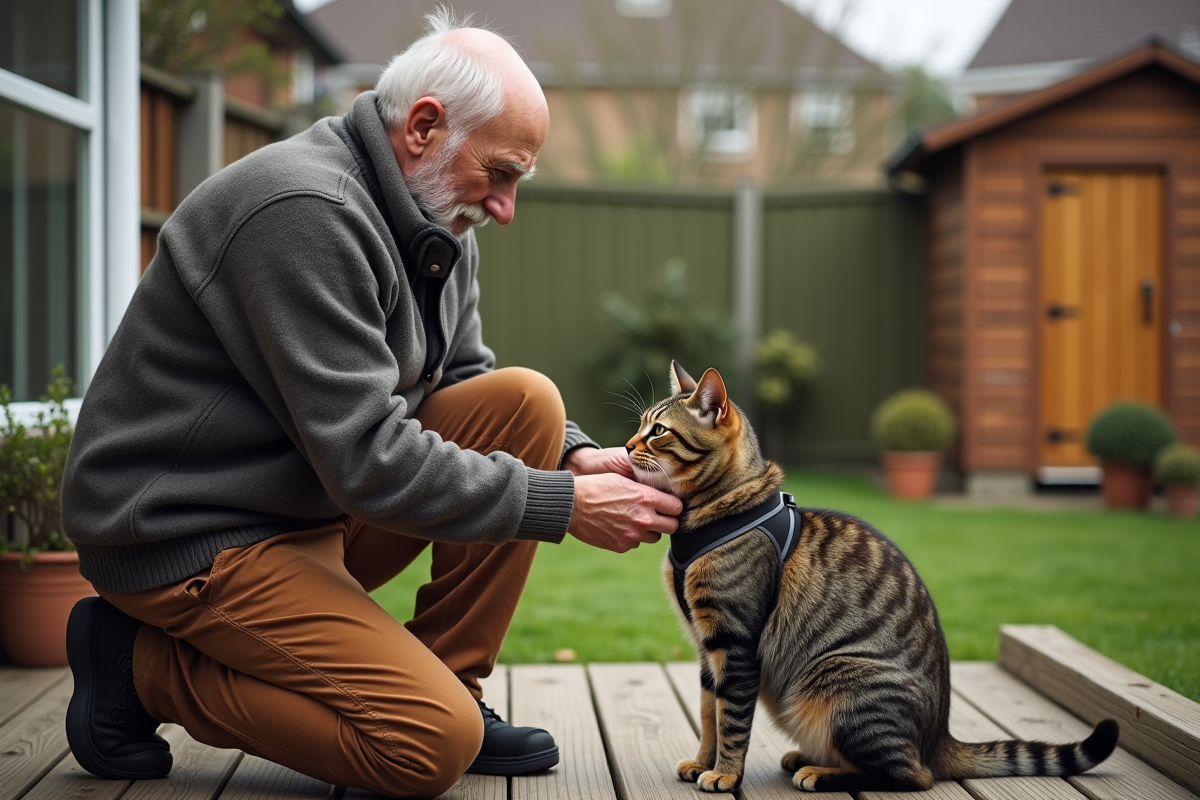 Homme attachant un chat tabby dans son jardin