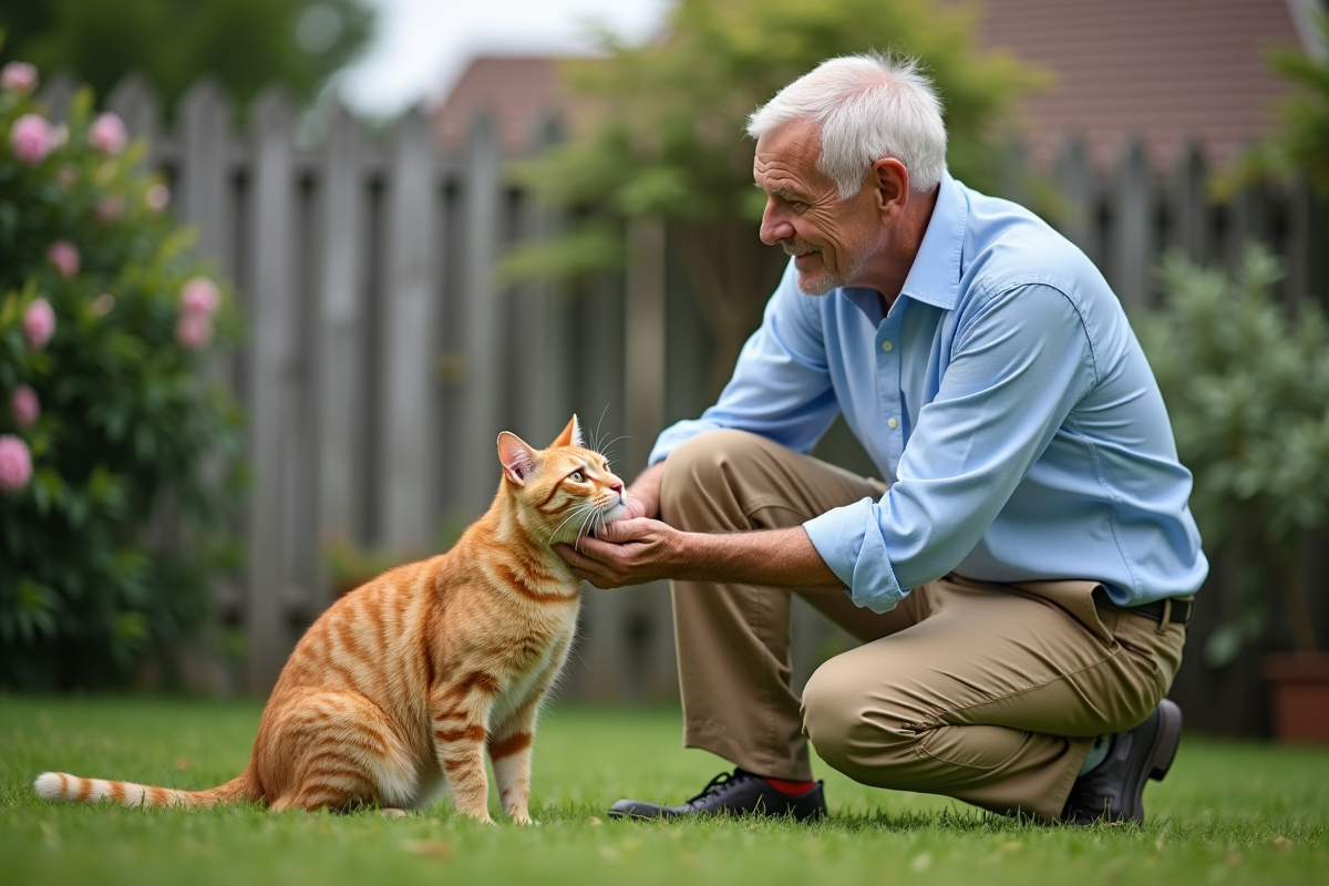 Homme âgé caressant un chat dans le jardin