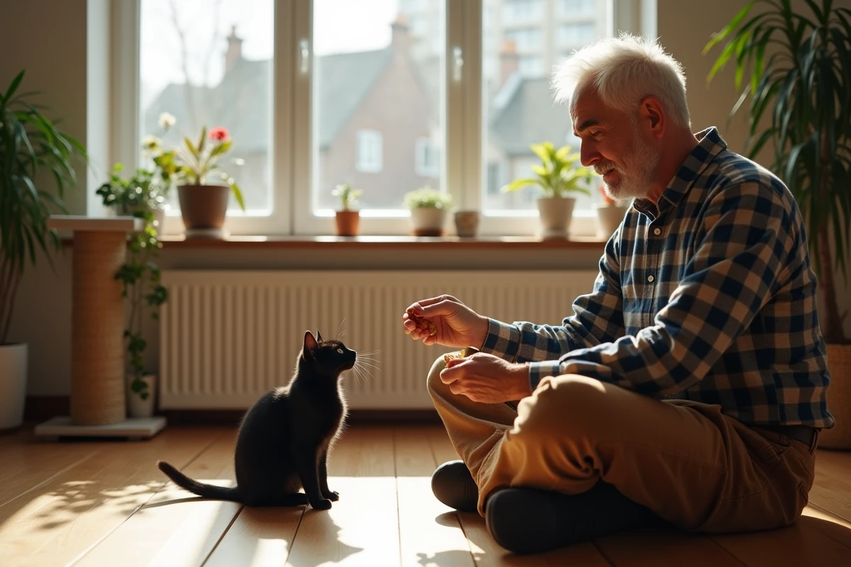 Homme âgé offrant des friandises à un chat noir dans un intérieur