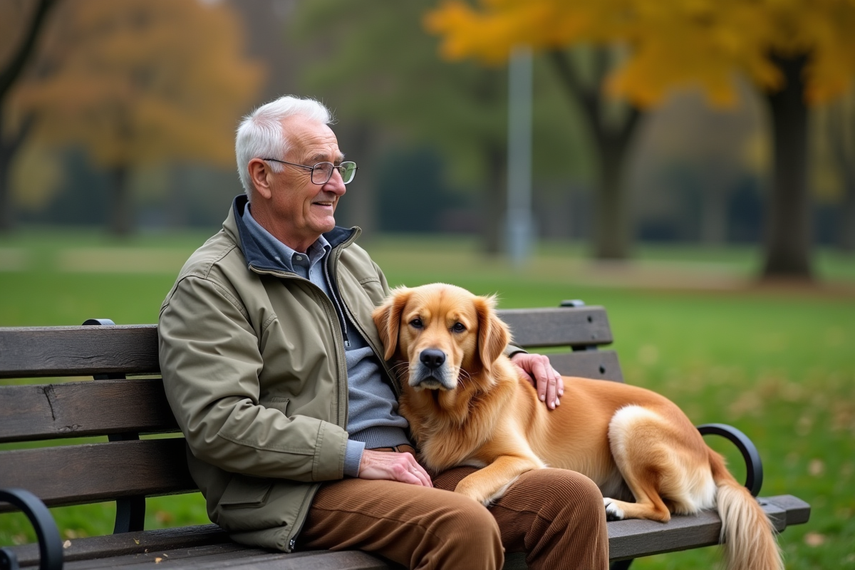 Homme âgé avec chien dans un parc urbain