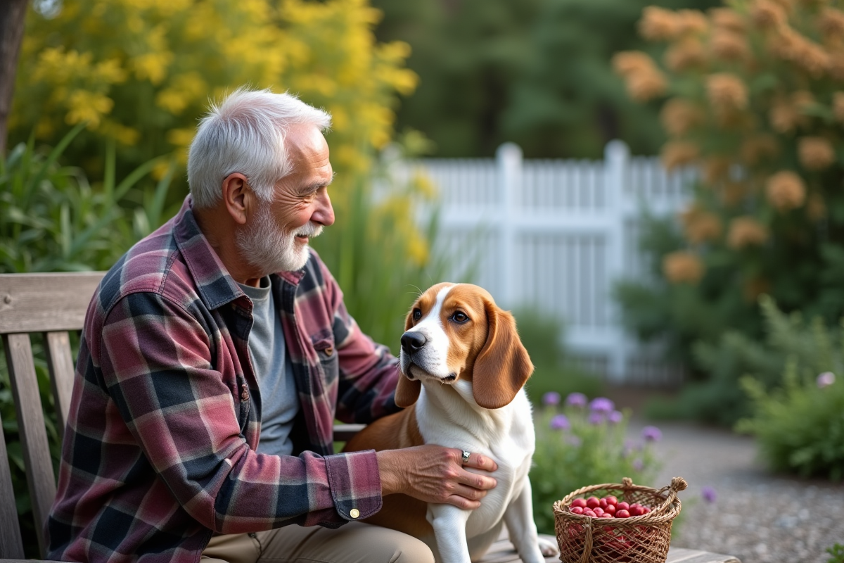 Homme âgé caressant sa beagle dans un jardin paisible avec des cranberries