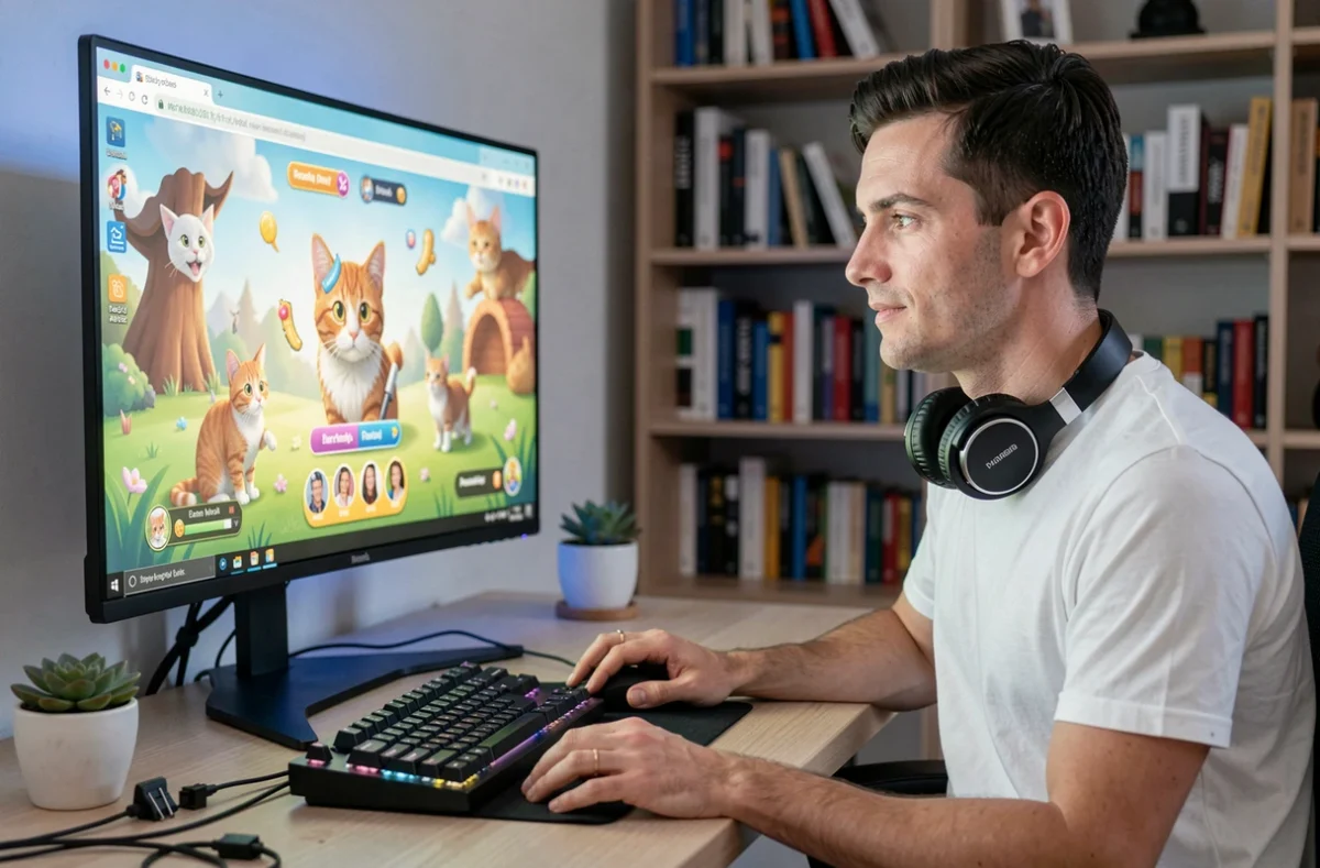 Homme concentré devant un grand écran jouant à un jeu de chats interactif sur son bureau à domicile