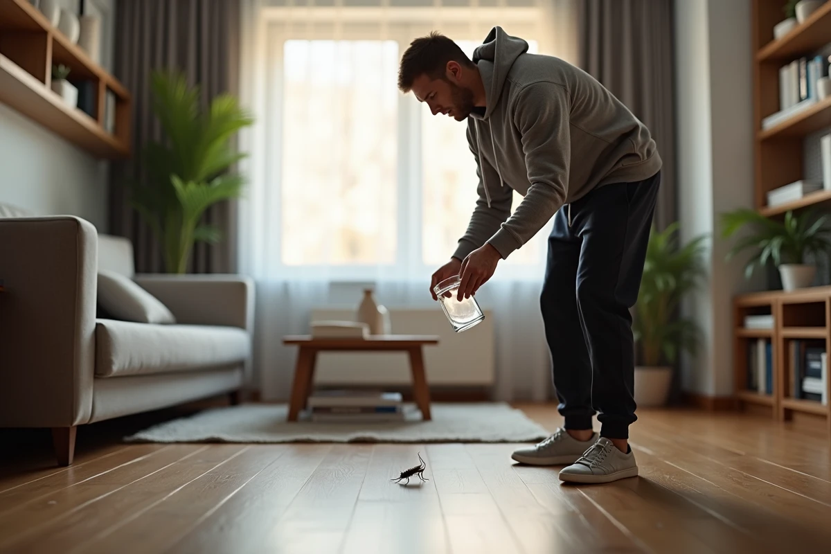 Homme capturant un insecte dans un bocal en verre sur le parquet d'un salon d'appartement