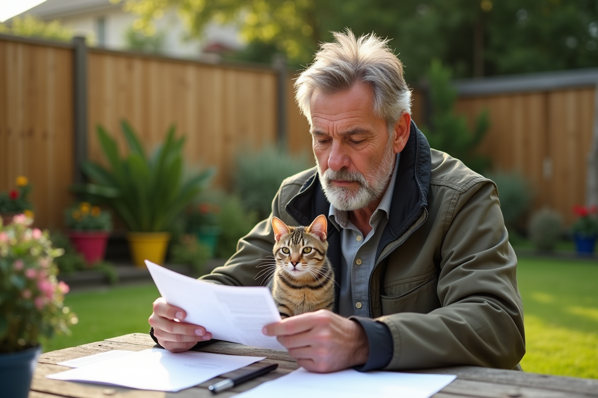 Homme avec un chat et des papiers dans un jardin ensoleille