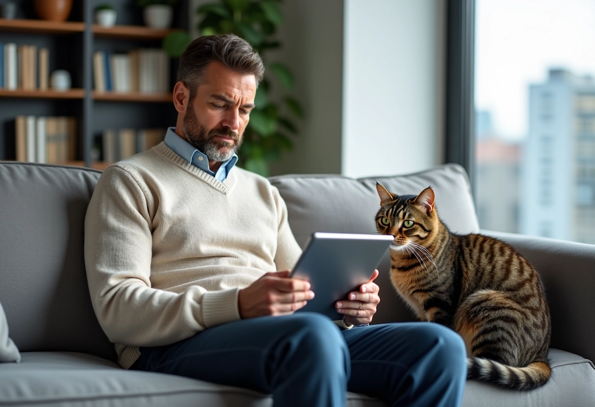 Homme lisant documents vétérinaires avec son chat sur le sofa