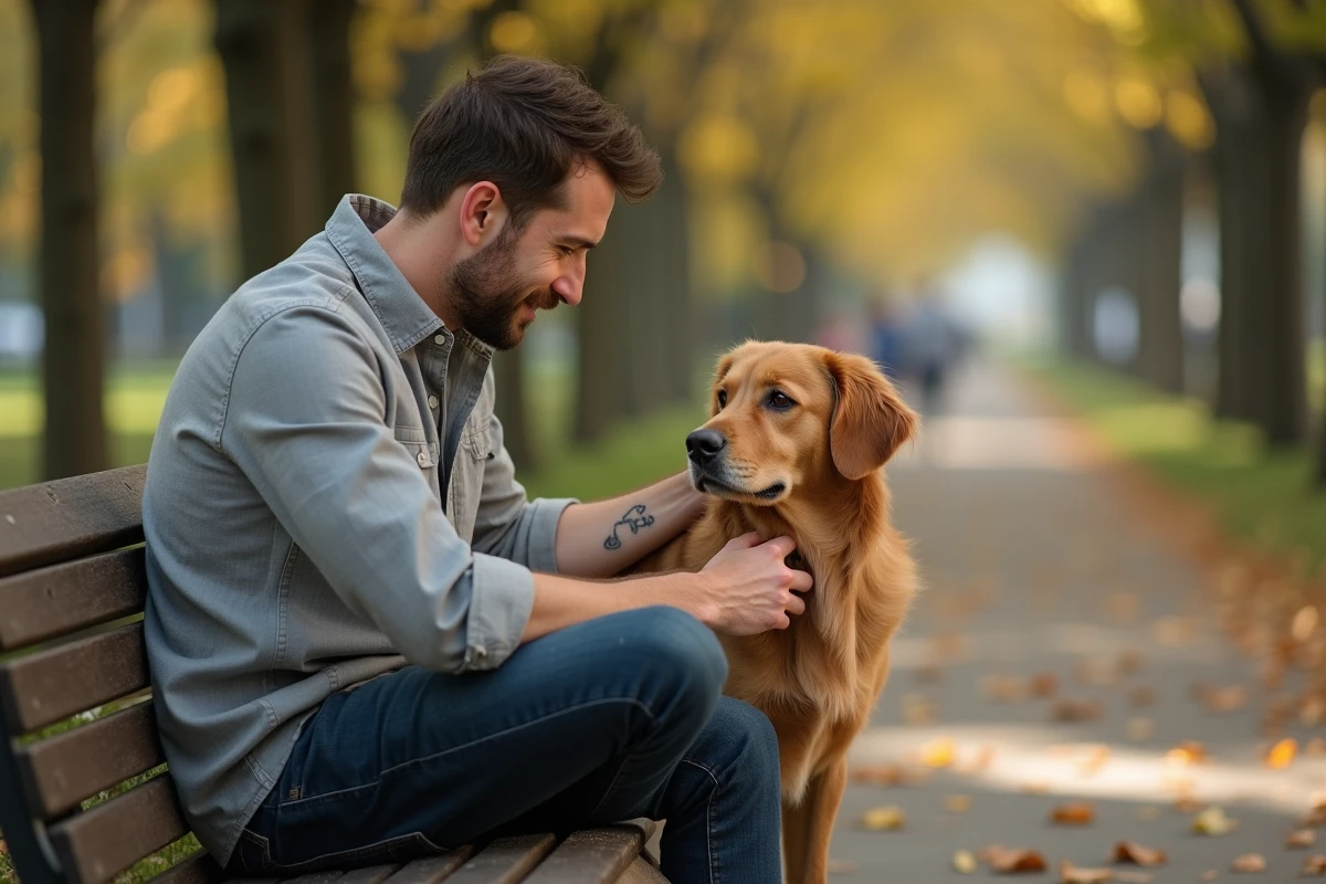 Homme avec son golden retriever dans un parc, tatouage chien minimaliste visible sur la cheville, style dessin enfantin