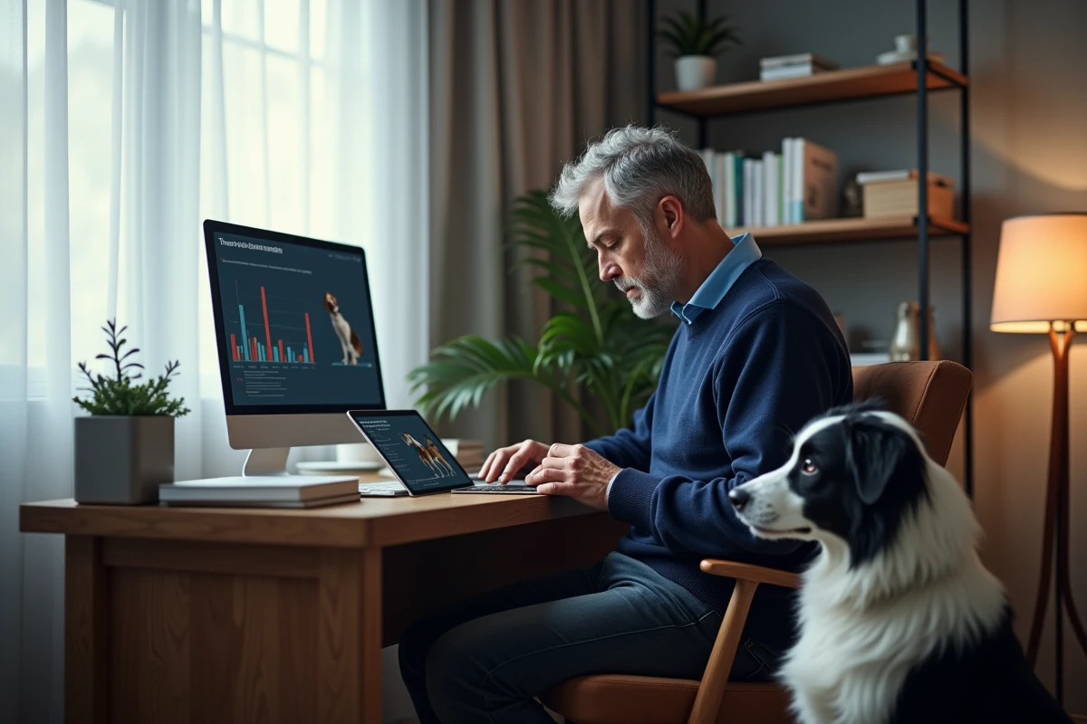 Homme comparant des mutuelles pour chien sur une tablette avec son border collie dans un bureau à domicile