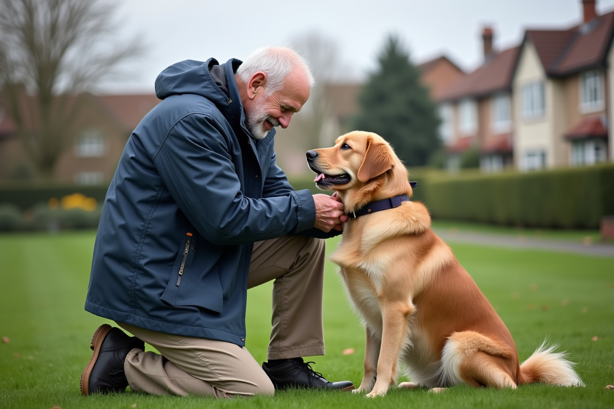 Homme attachant une médaille à son chien dans le parc