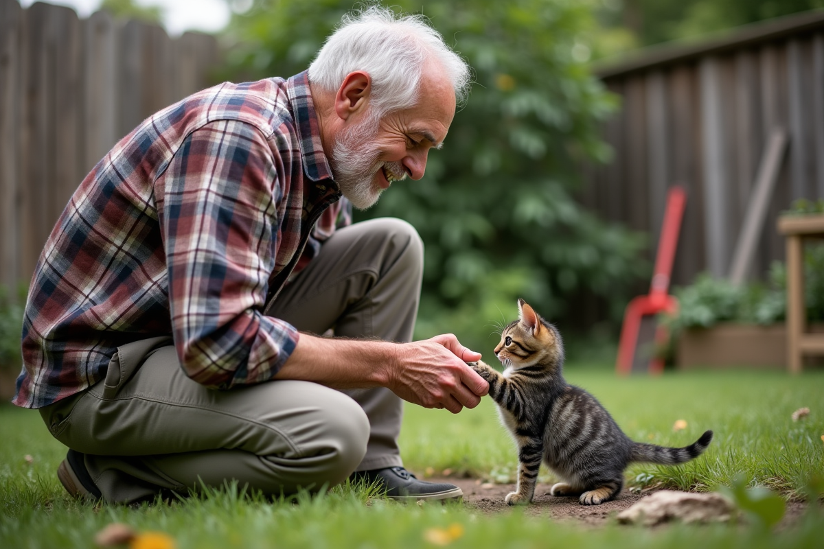 Homme âgé vérifiant les pattes de son chaton dans le jardin