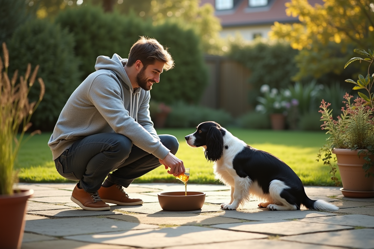 Jeune homme versant infusion de romarin dans l