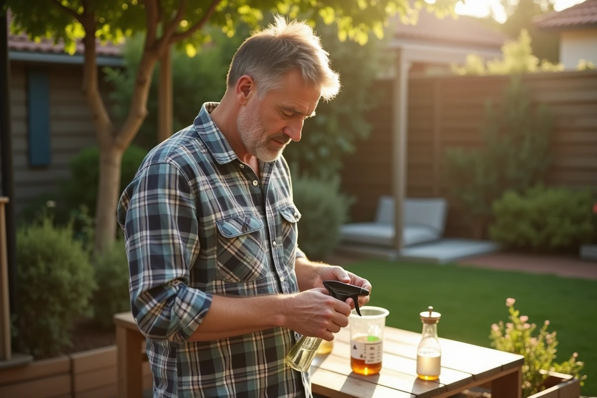 Homme remplissant un spray avec du vinaigre dans le jardin