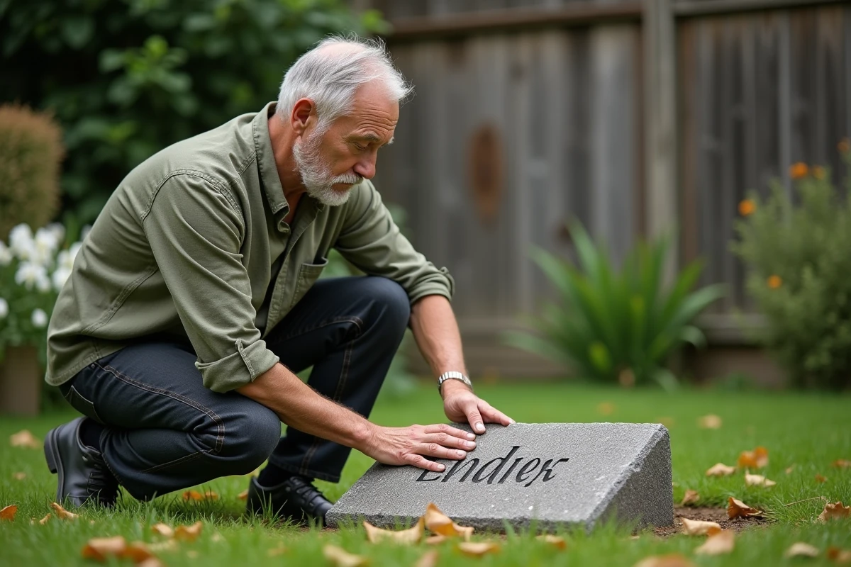 Homme agenouillé devant un monument commémoratif pour chien dans un jardin verdoyant, exprimant un deuil silencieux