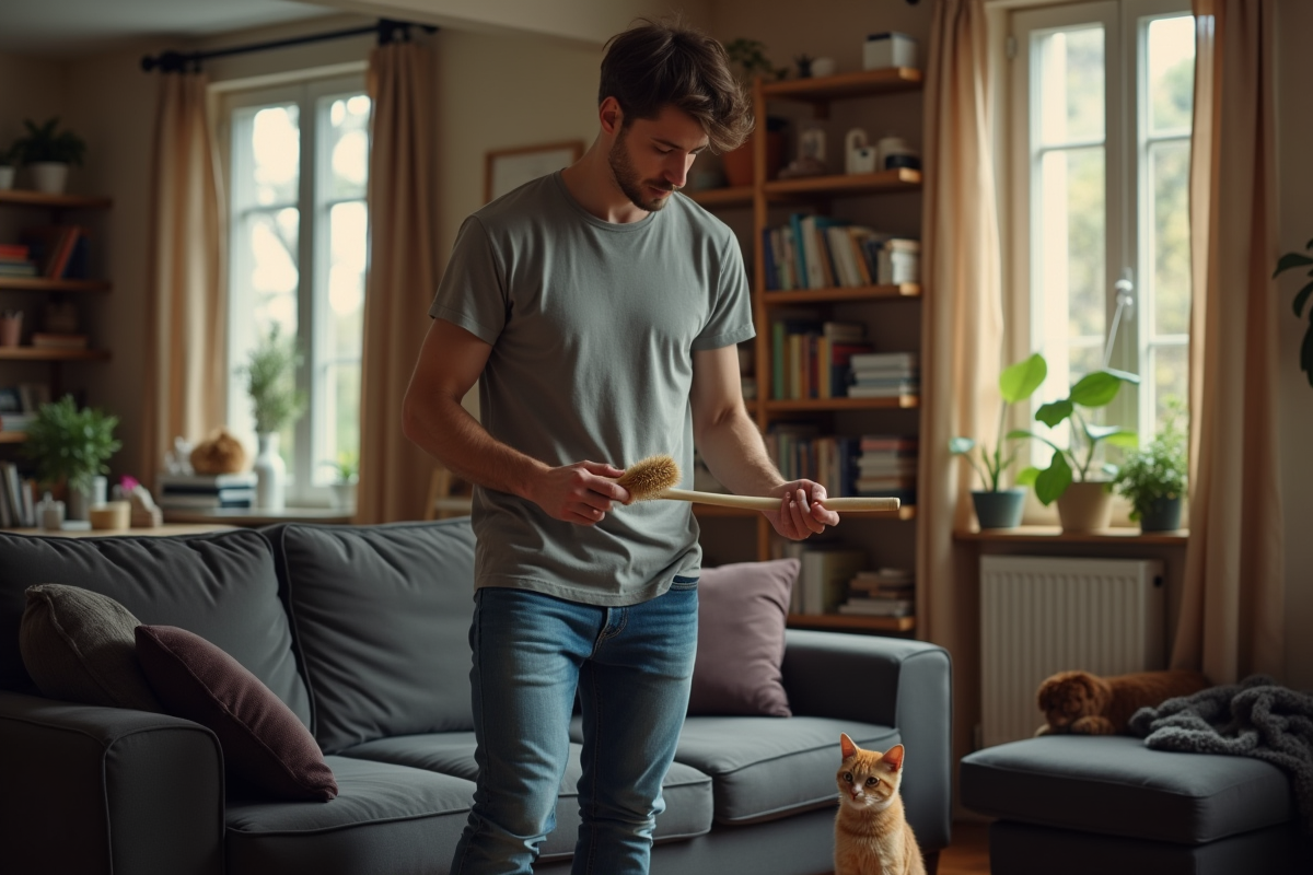 Jeune homme nettoie un canapé avec un rouleau adhésif