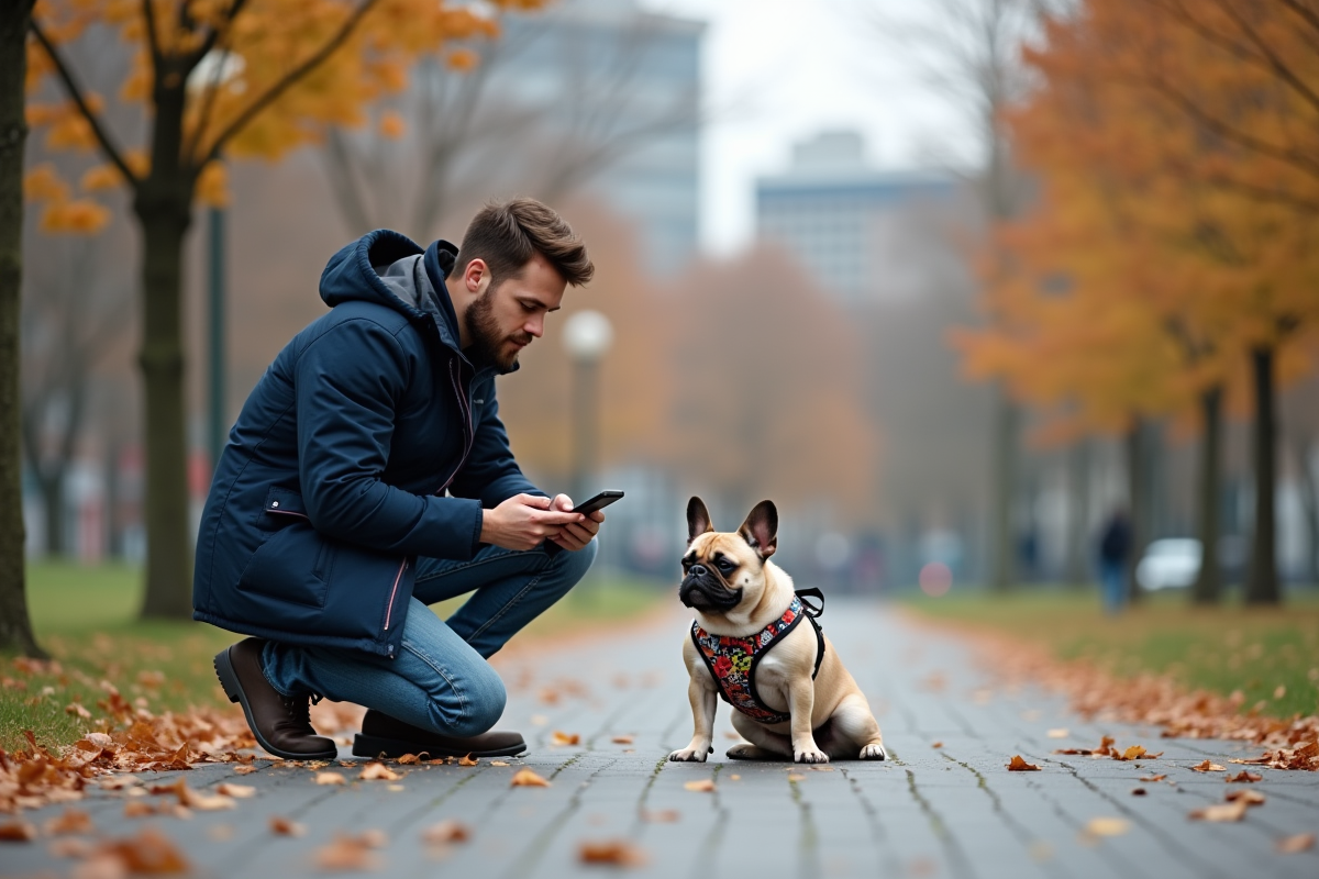 Jeune homme avec chien dans un parc urbain automne