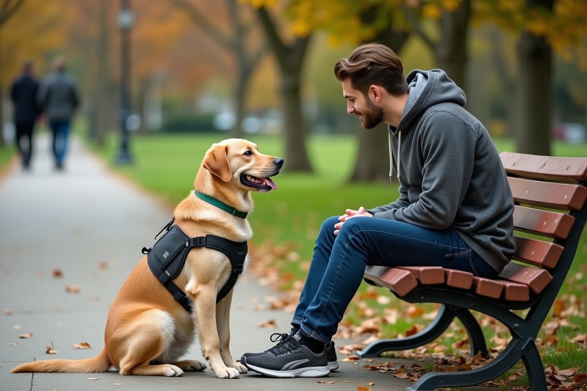 Jeune homme avec son chien d assistance dans un parc