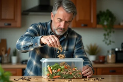 Homme en plaid plantant des légumes dans un habitat à criquets
