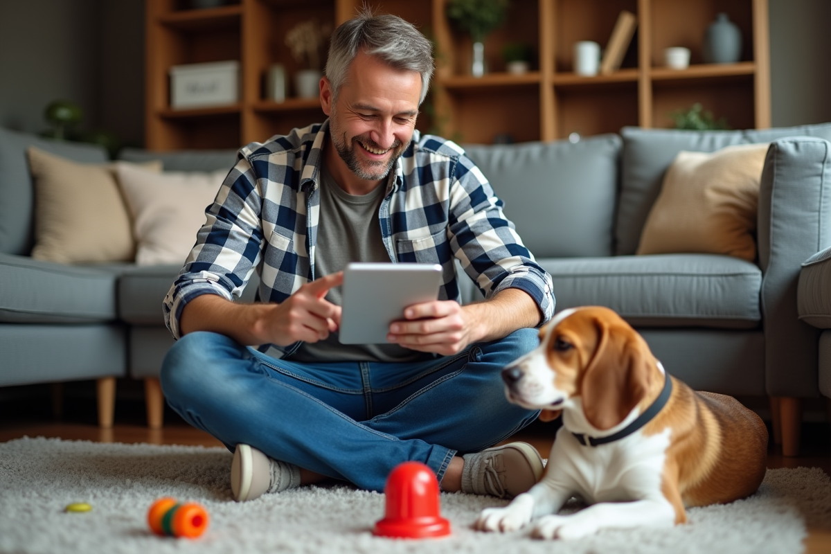 Homme regardant son chien avec tablette dans le salon