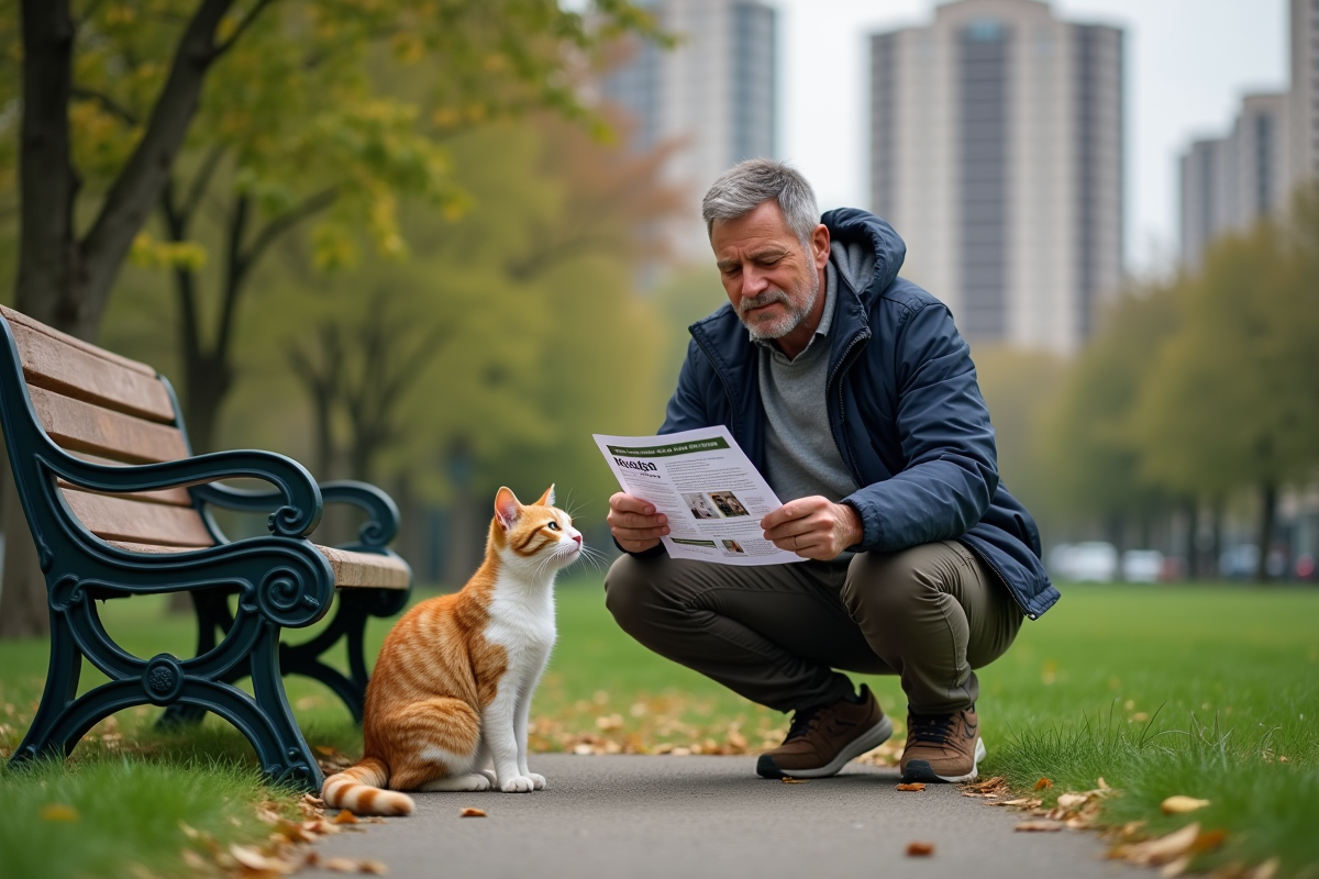 Homme examinant un flyer avec un chat dans un parc
