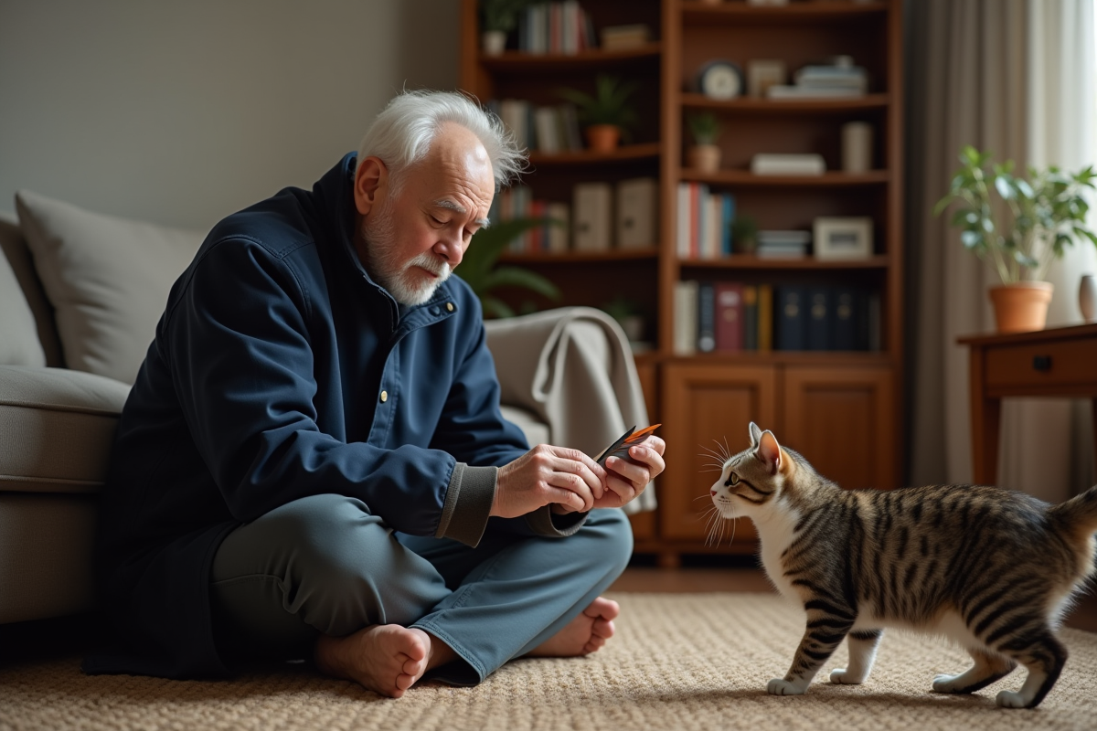 Homme âgé joue avec un chat avec un jouet plume
