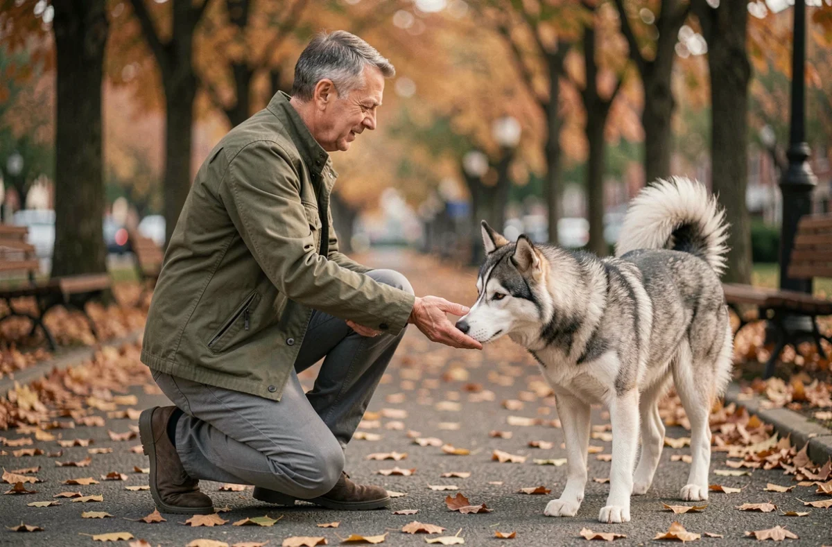 Homme d'âge mûr en train de créer un lien de confiance avec un Husky sibérien adopté lors d'une promenade dans un parc urbain en automne