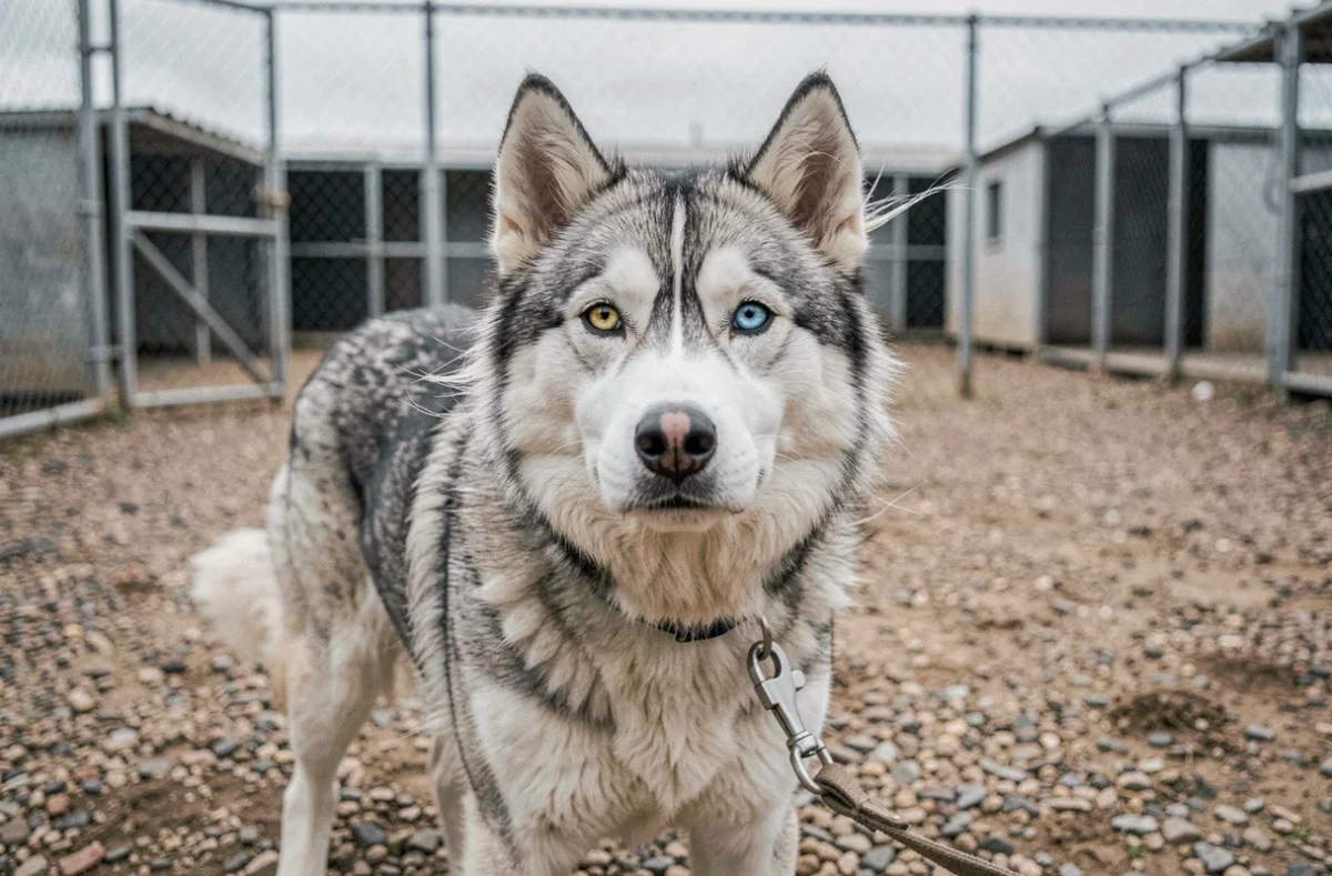 Husky de Sibérie aux yeux vairons dans un refuge animalier, regard attentif derrière une clôture en grillage, attendant d'être adopté