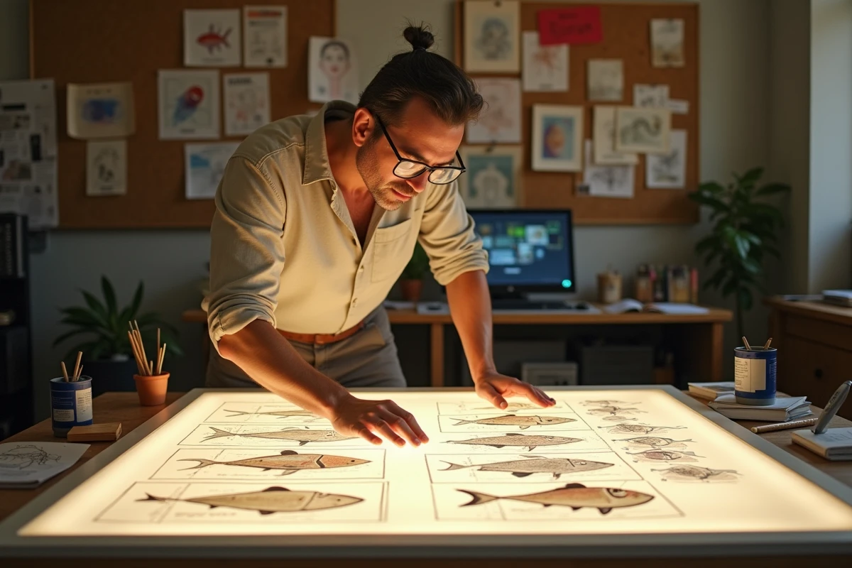 Illustrateur masculin examinant des storyboards d'animation de poissons dans un studio créatif encombré de concept art