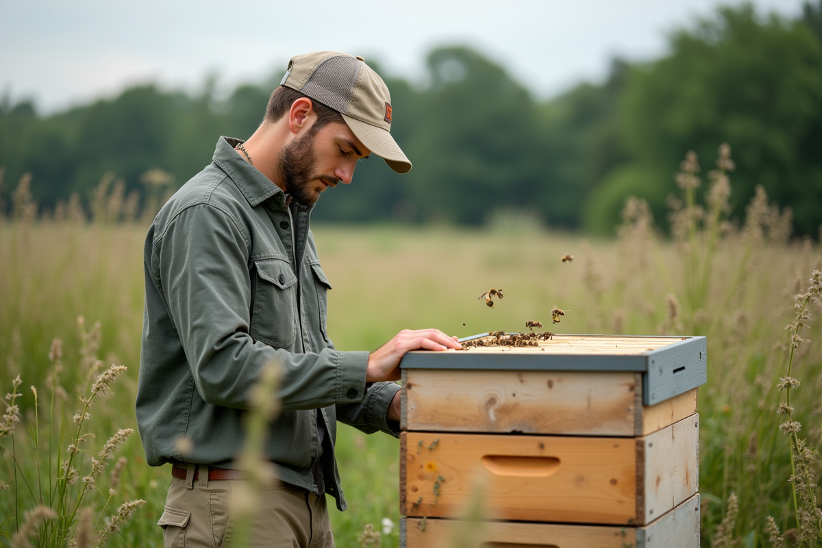 Jeune homme observant une ruche dans un pré naturel