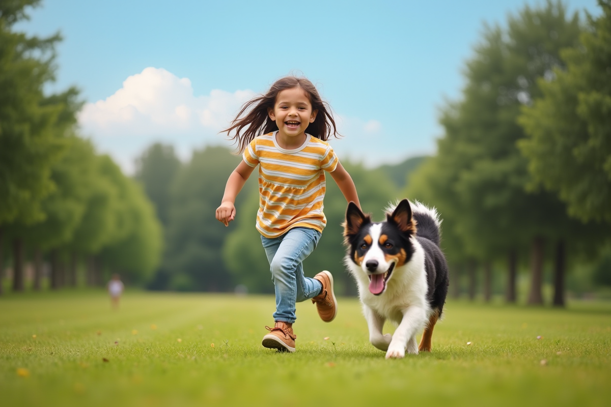 Jeune fille courant dans le parc avec son chien border collie heureux