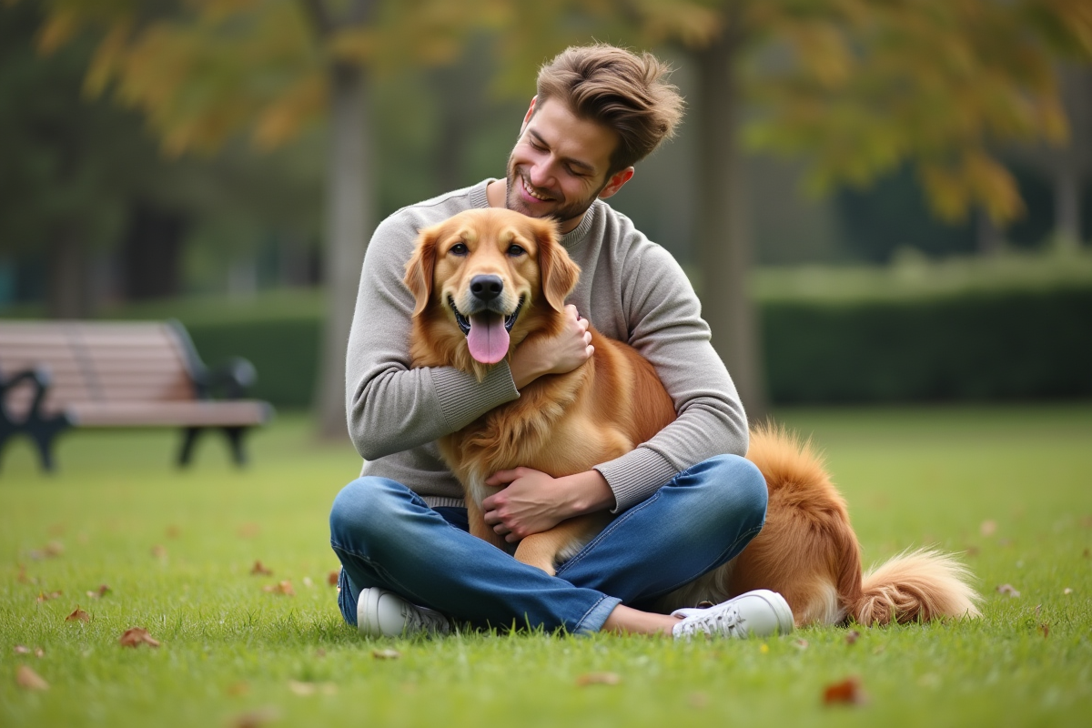 Jeune homme en jeans et pull embrassant un golden retriever dans un parc