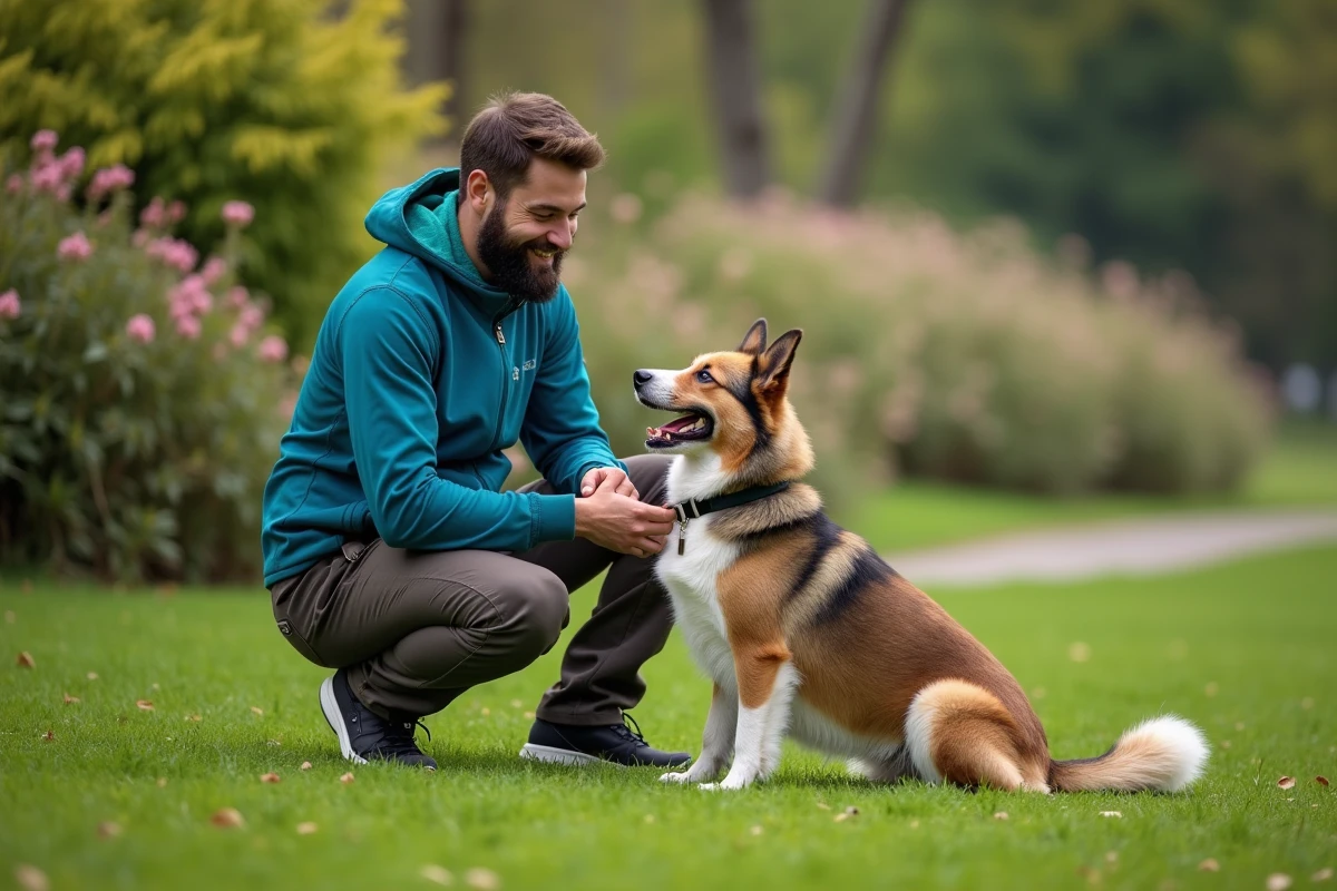 Jeune homme attachant une médaille à son chien dans un parc