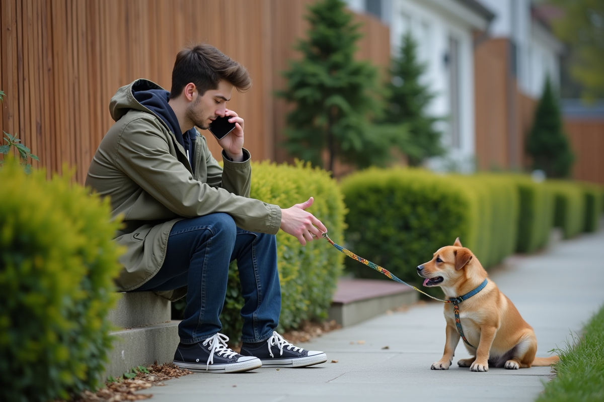 Jeune homme en extérieur parle au téléphone avec chien à côté